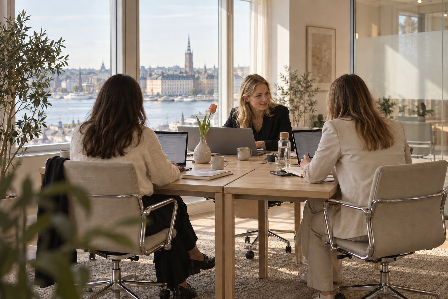 Tre kvinnor i ett möte vid ett bord med utsikt över Stockholm