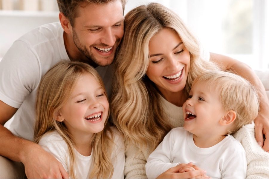 Familj med två barn hemma i soffan